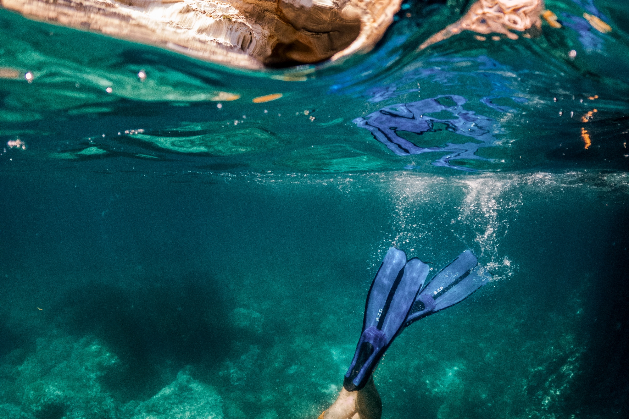 a person swimming under water with fins