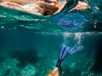 a person swimming under water with fins