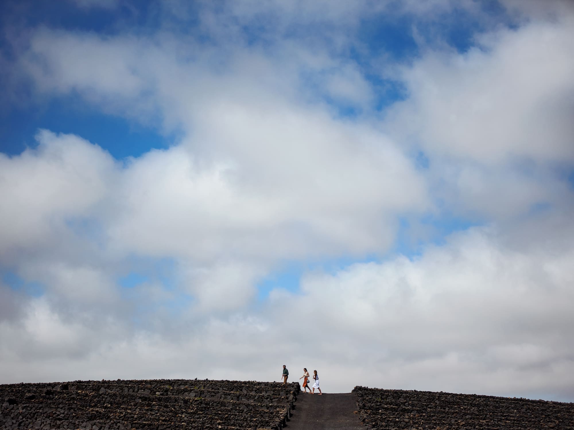 people walking up a hill