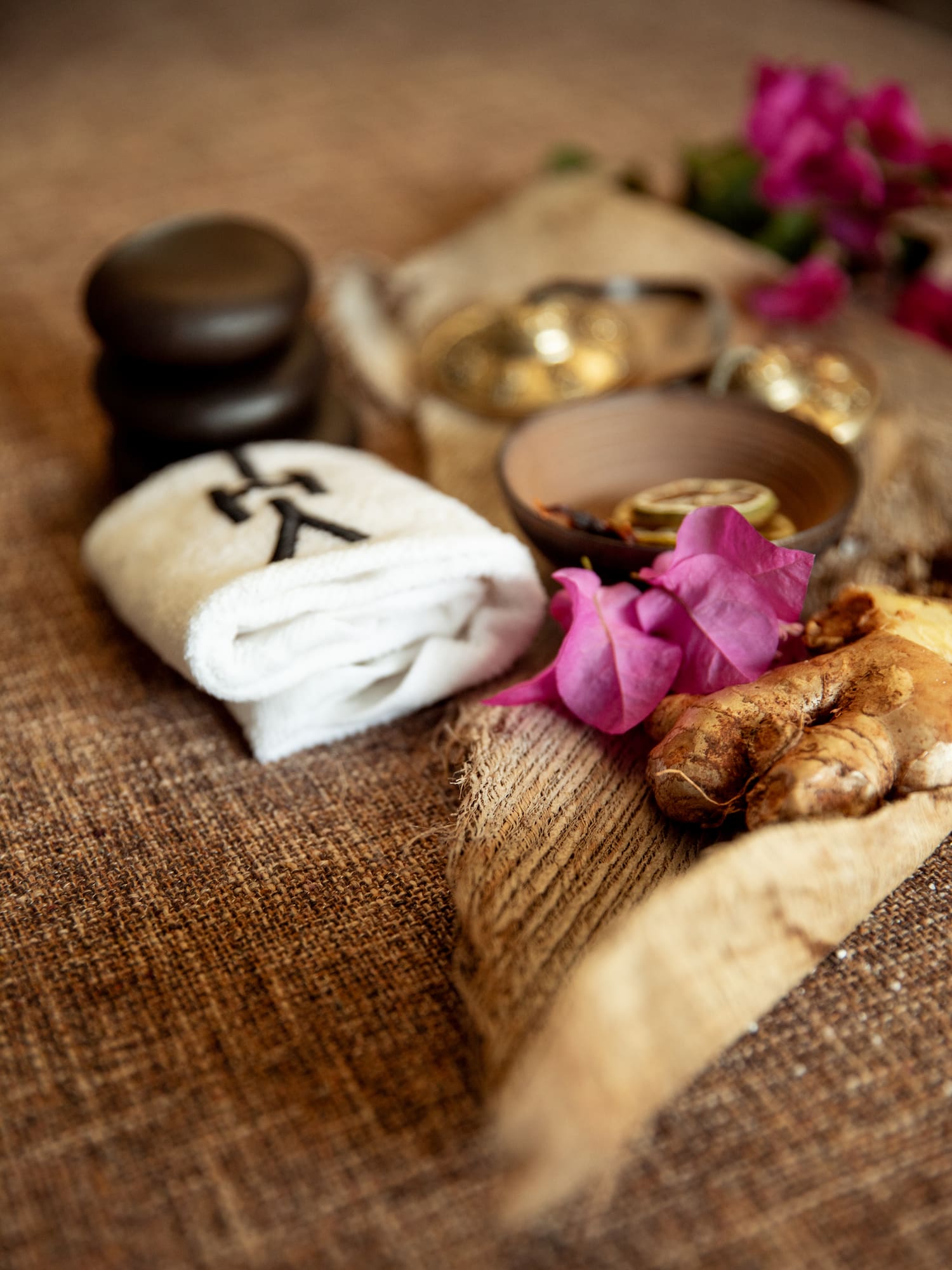 a ginger root and a towel on a table