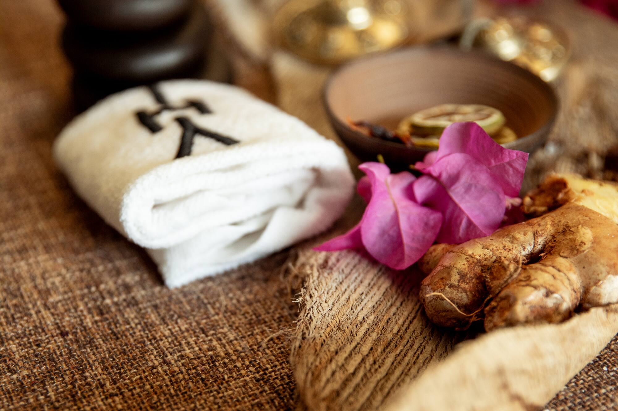 a ginger root and a towel on a table