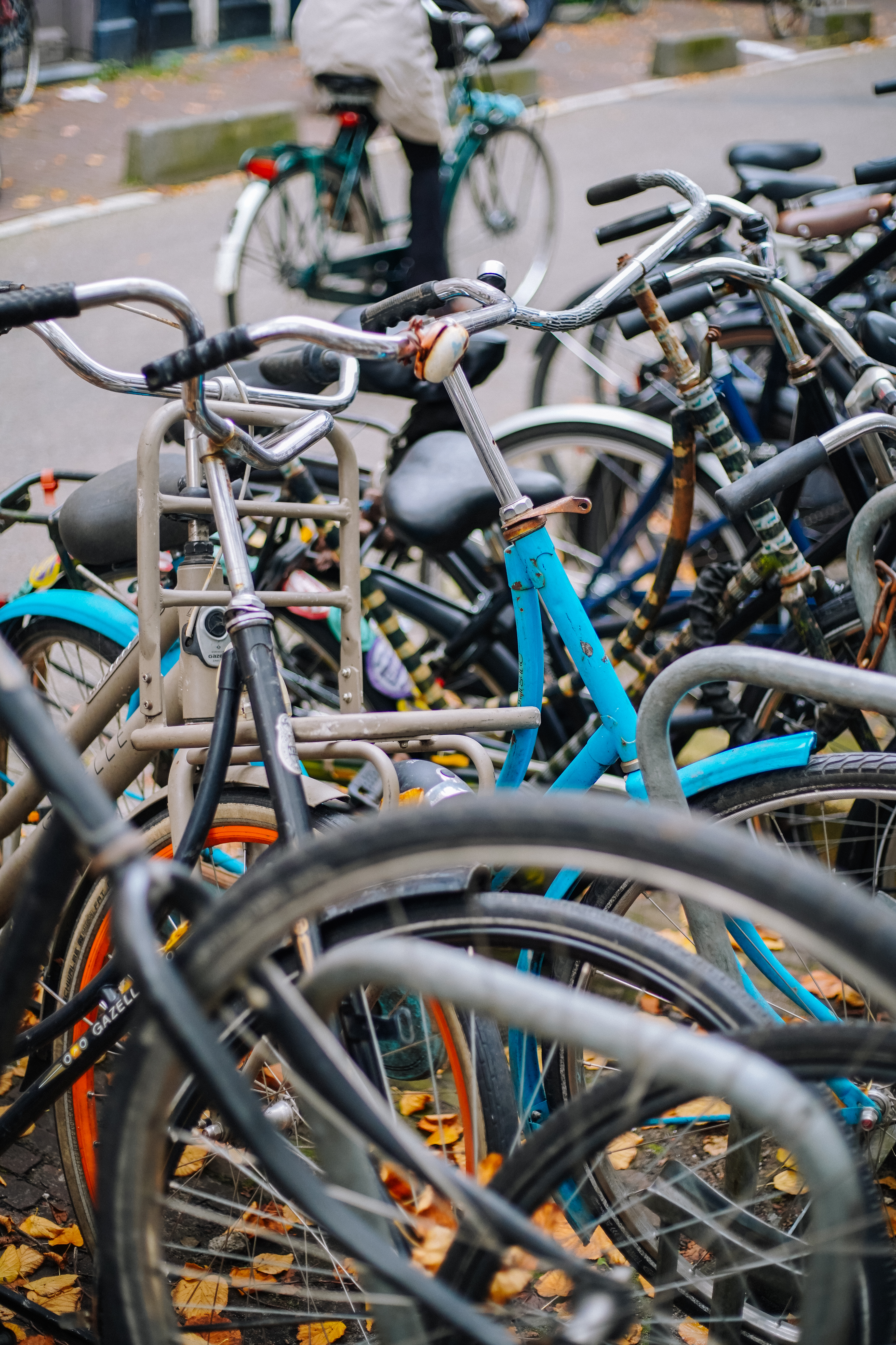a group of bicycles parked on the street