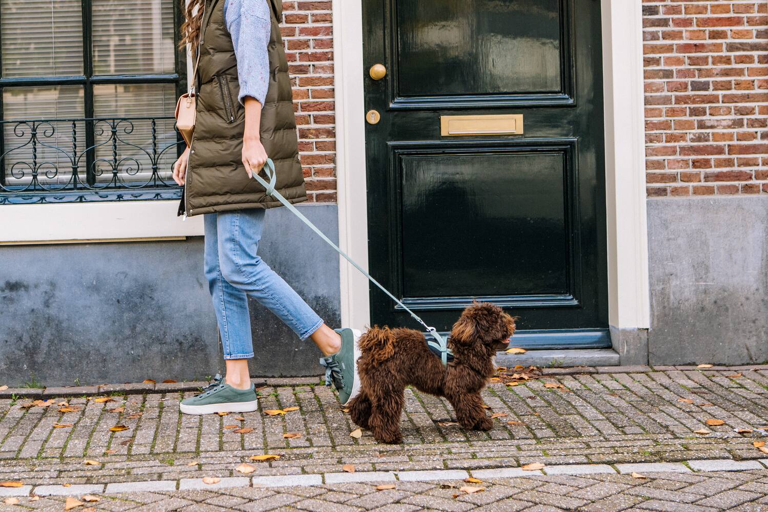 a woman walking a dog on a leash