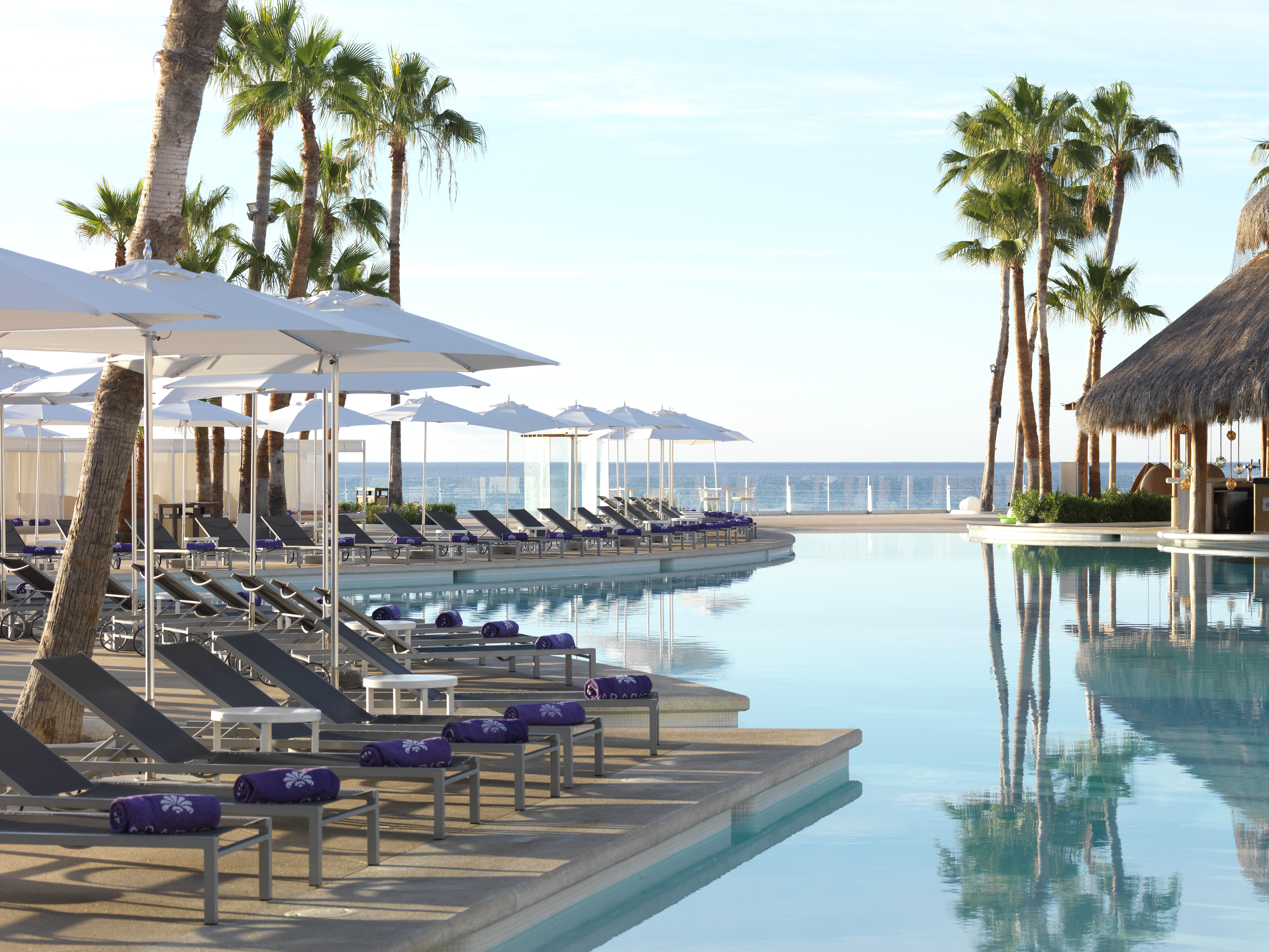 a pool with lounge chairs and umbrellas