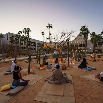 a group of people sitting on mats in a courtyard with palm trees