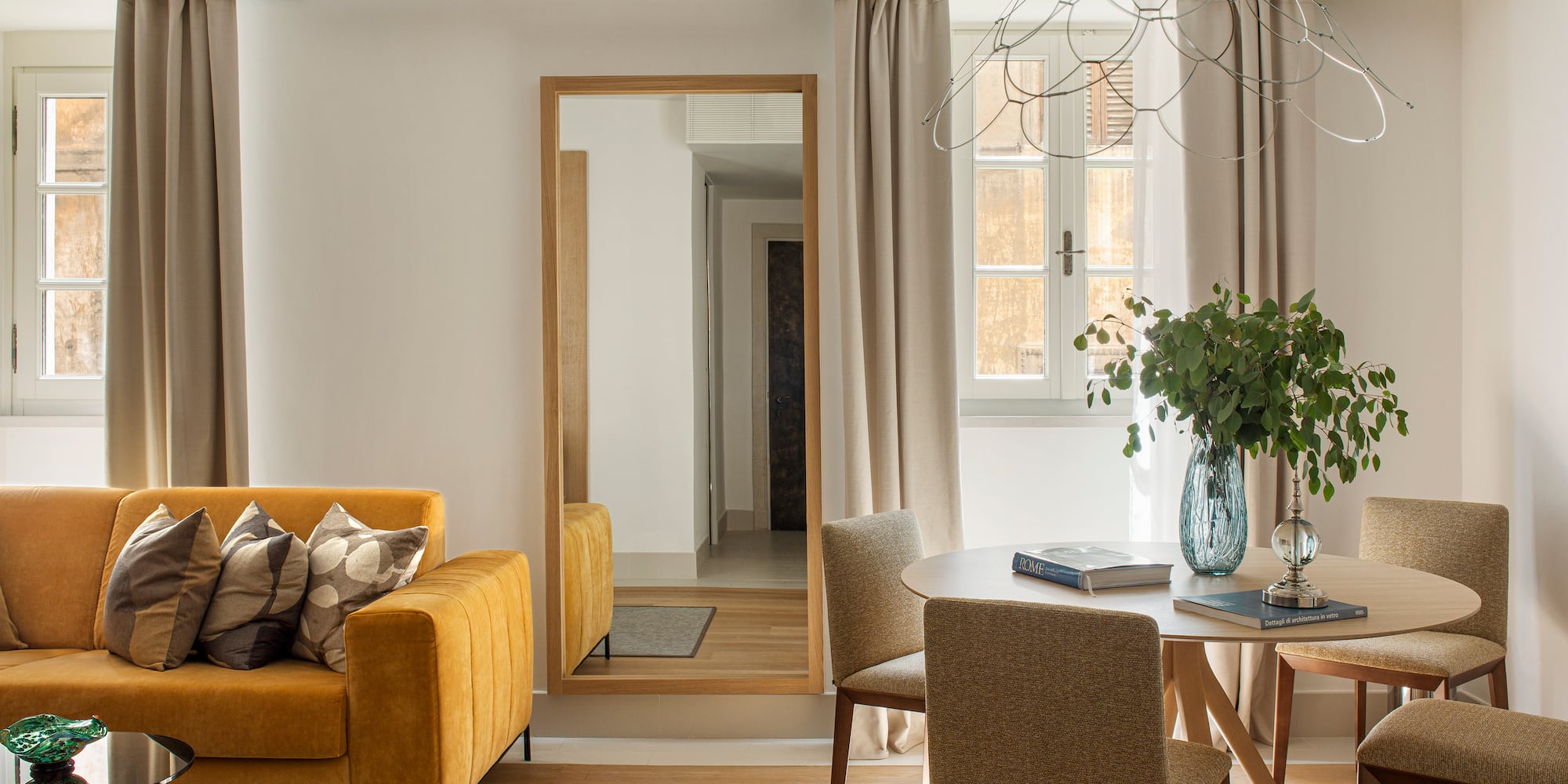 a living room with a couch and a table