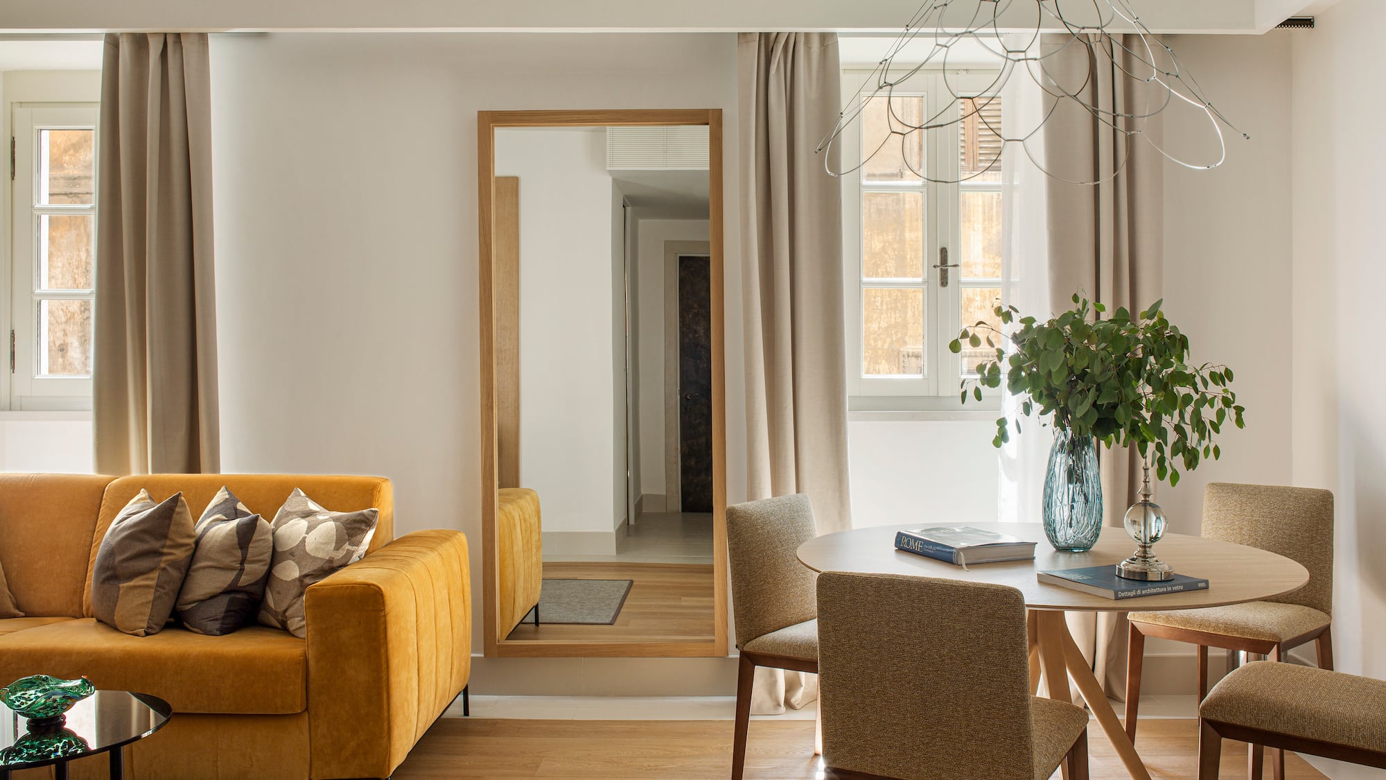 a living room with a couch and a table
