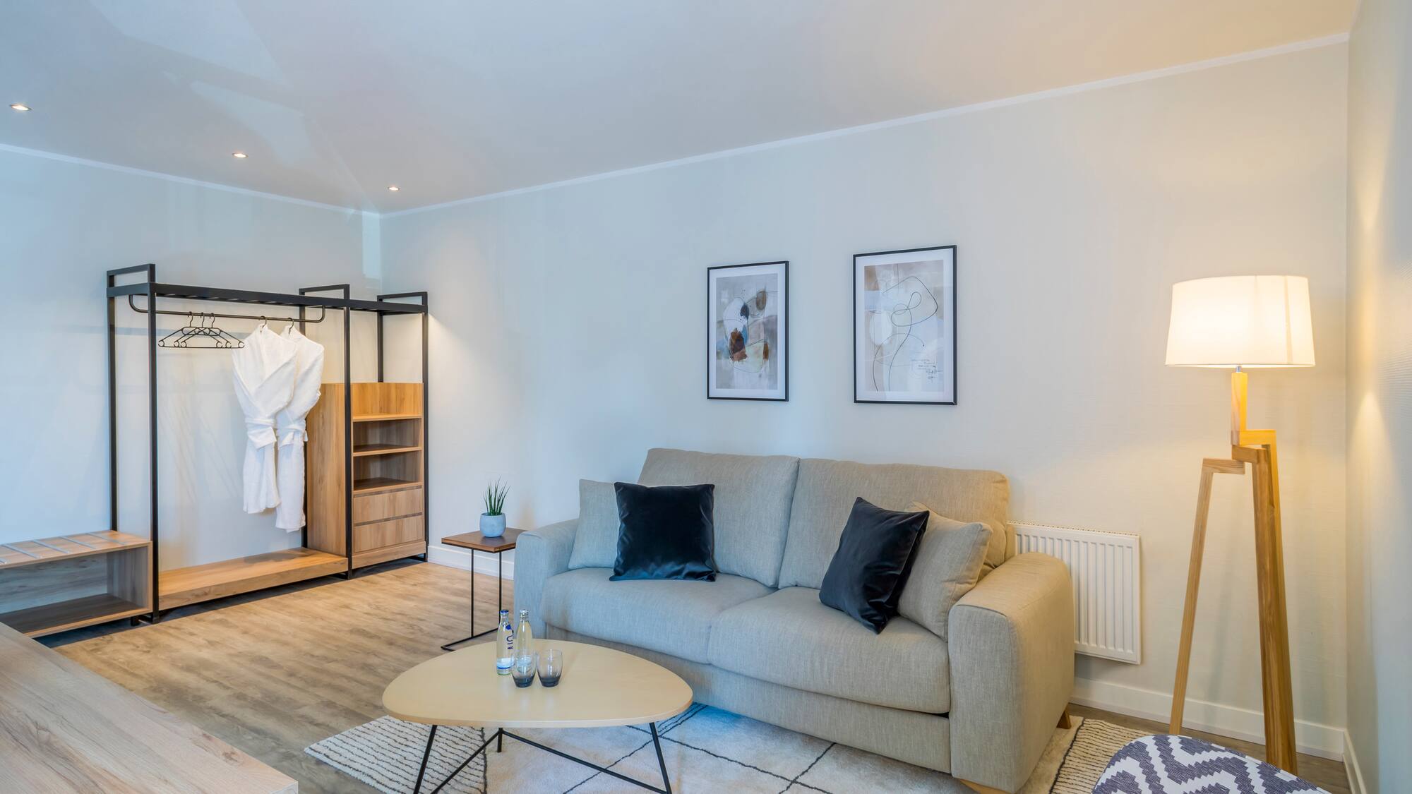 a room with a couch and a table