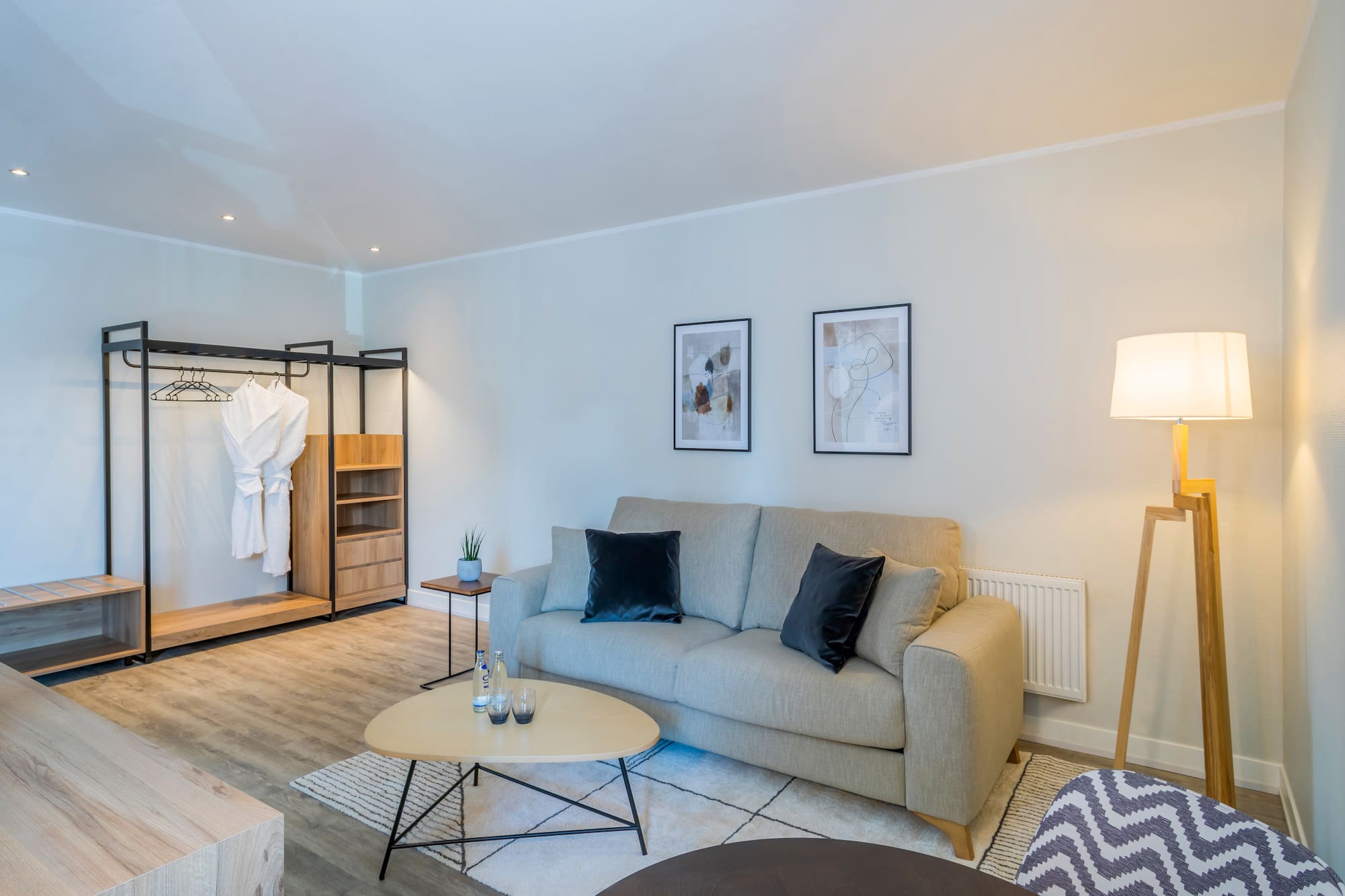 a room with a couch and a table