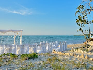 a beach with chairs and a canopy