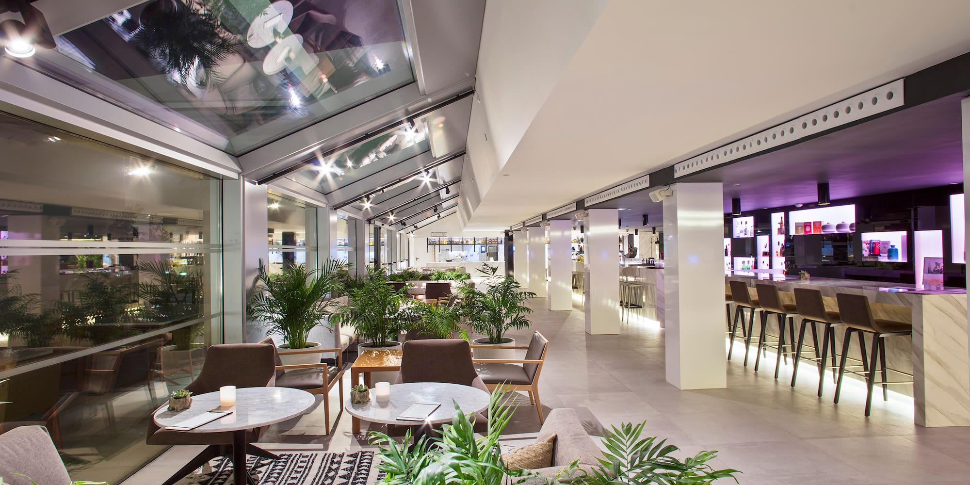 a room with tables and chairs and plants