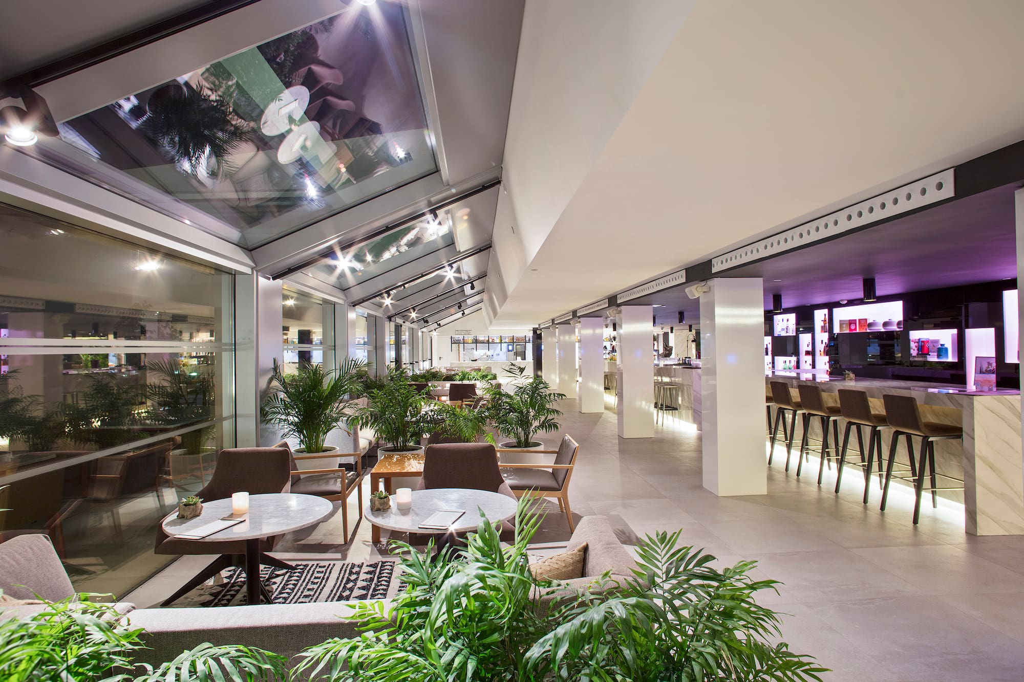 Contemporary hotel lobby bar and lounge with skylight and lush plants.
