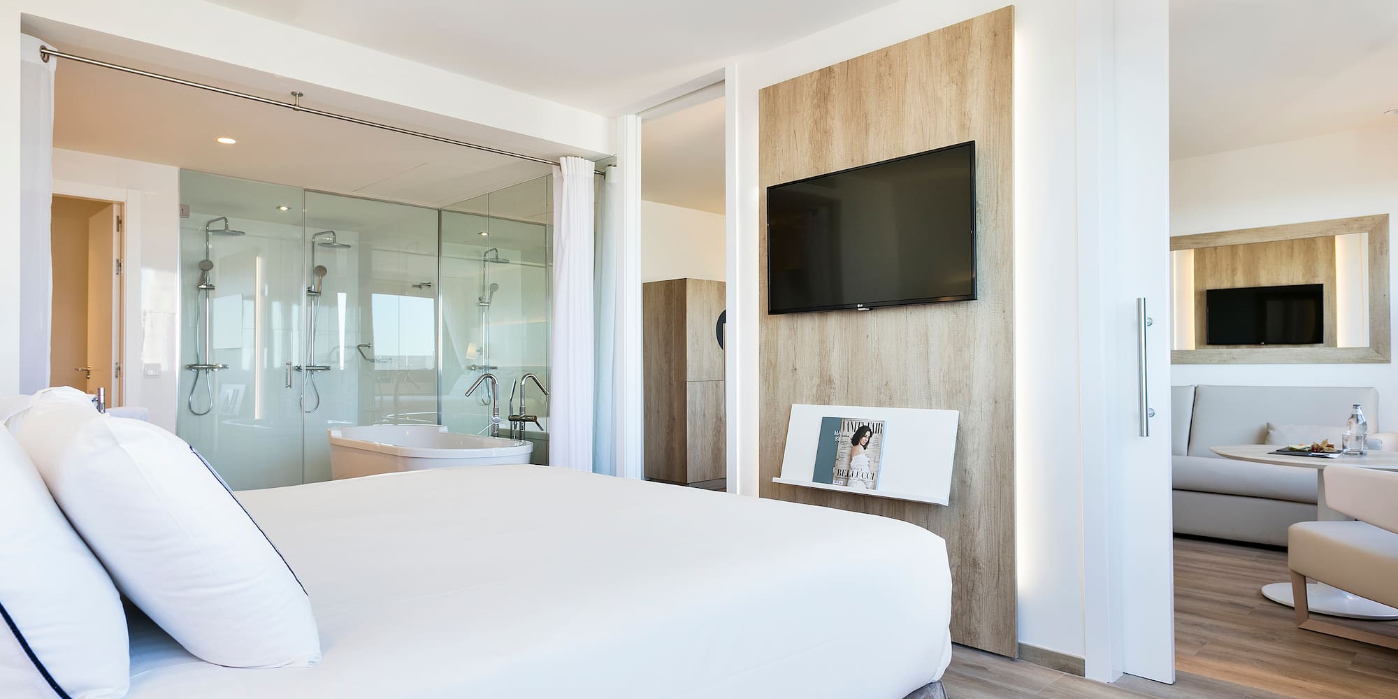 a bedroom with a tv and a bathtub