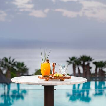 a table with a drink on it