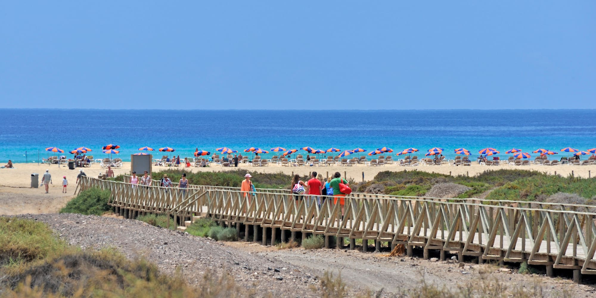 a group of people walking on a boardwalk