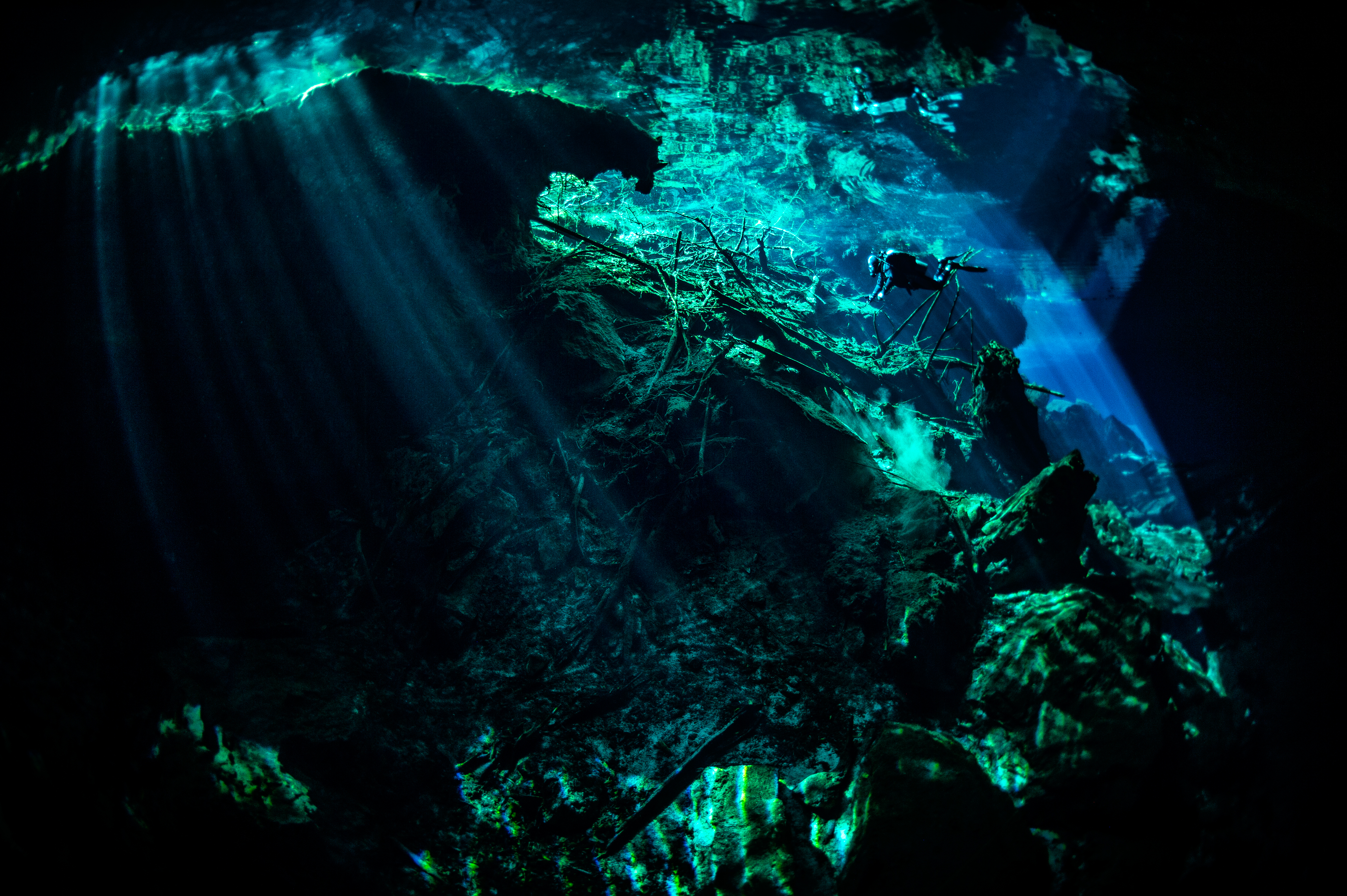 Diver in a cenote, sunlight beaming through clear blue water into the cavern.