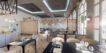 a room with tables and chairs