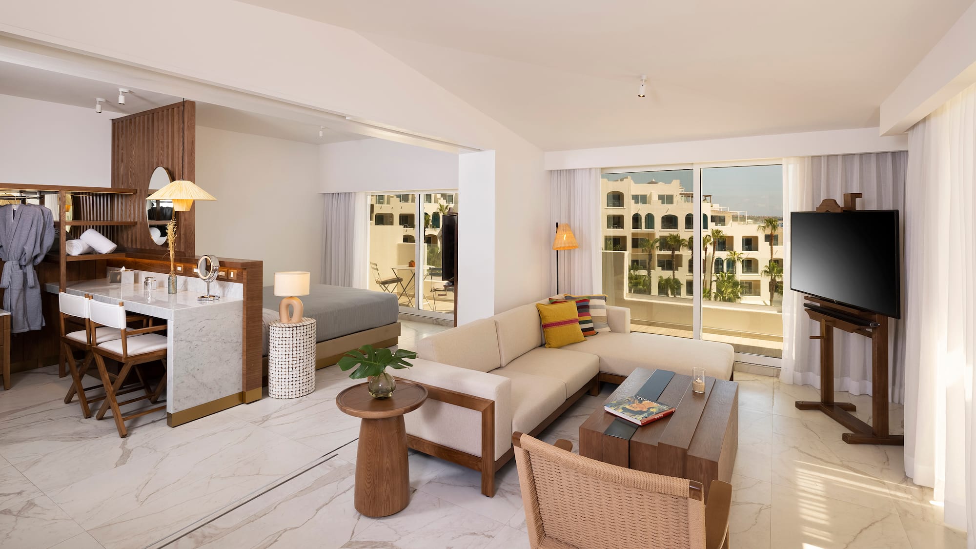 a living room with a couch and a table