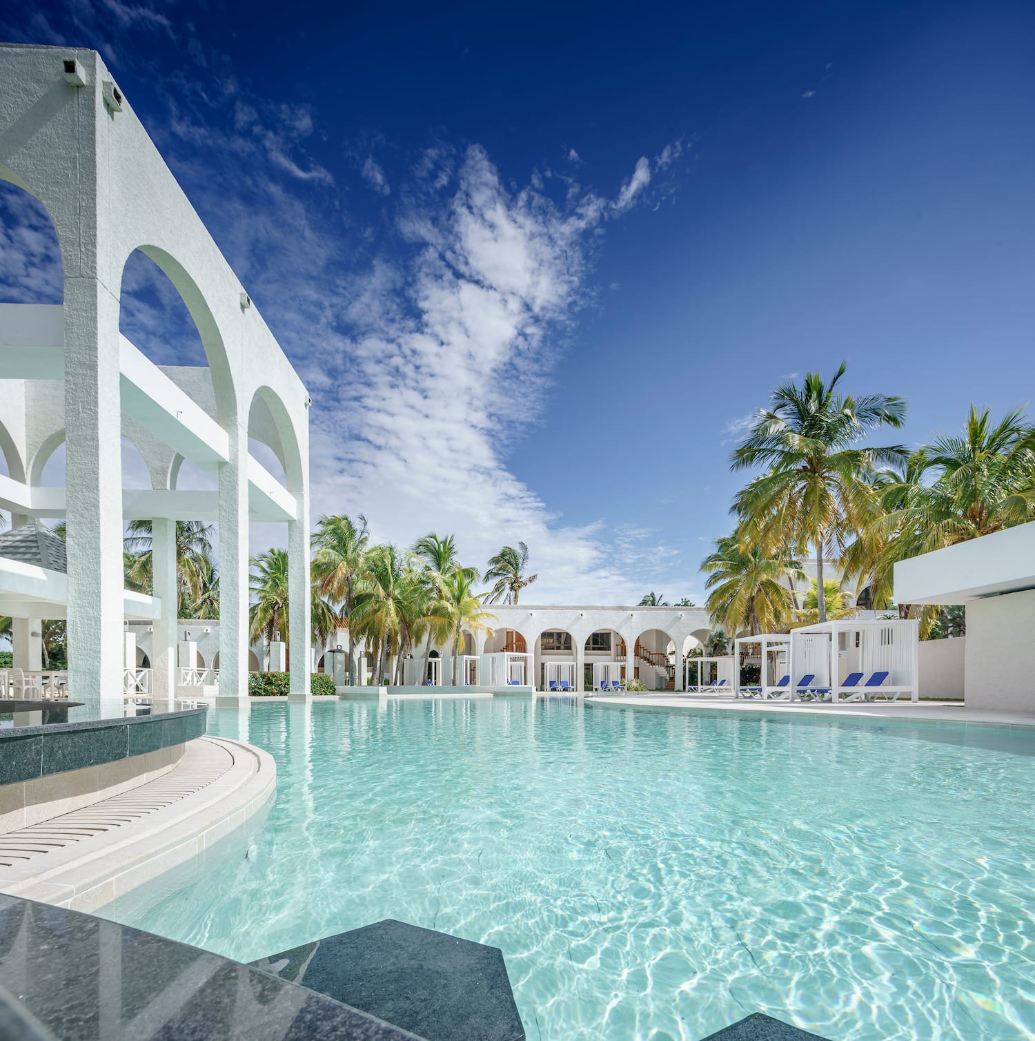 a pool with palm trees and a building