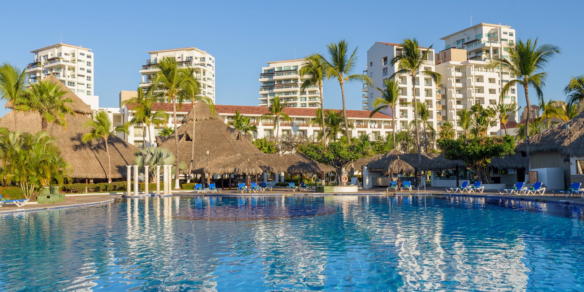 a pool with palm trees and buildings in the background