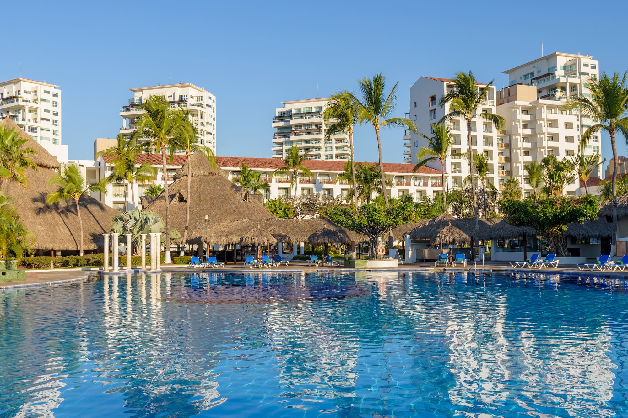 a pool with palm trees and buildings in the background