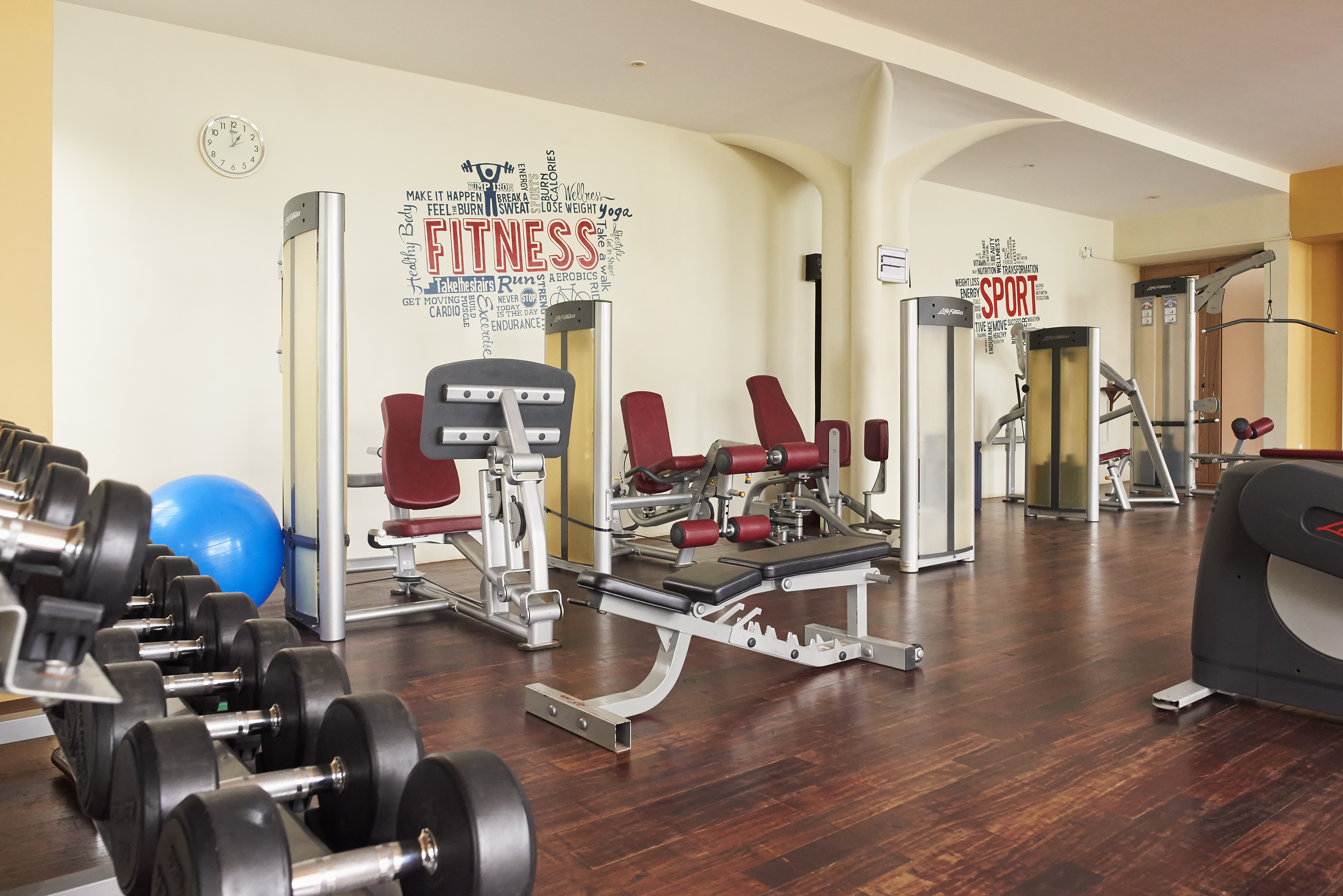 Equipped gym with workout machines, dumbbells, and fitness wall art.