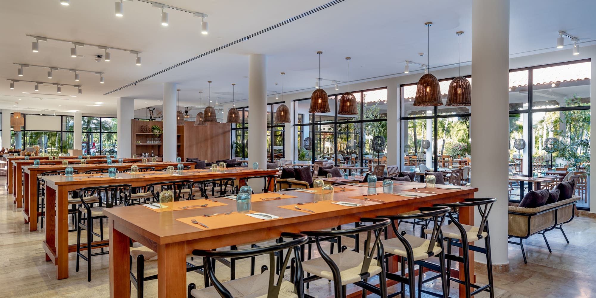 a large room with tables and chairs
