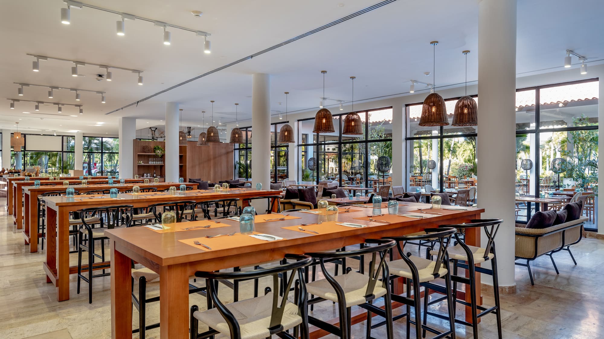 a large room with tables and chairs
