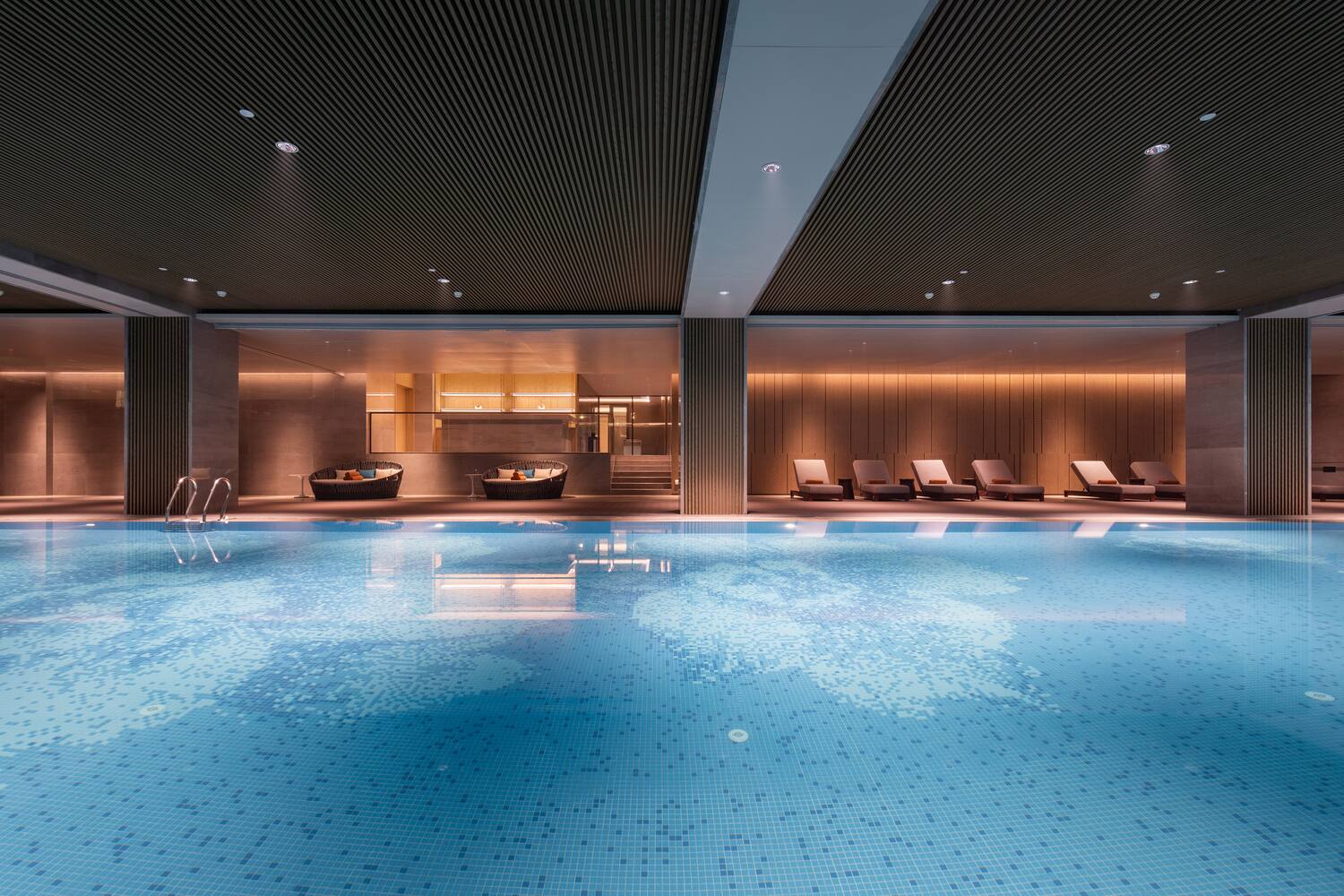 a swimming pool inside a building