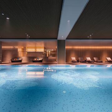 a swimming pool inside a building