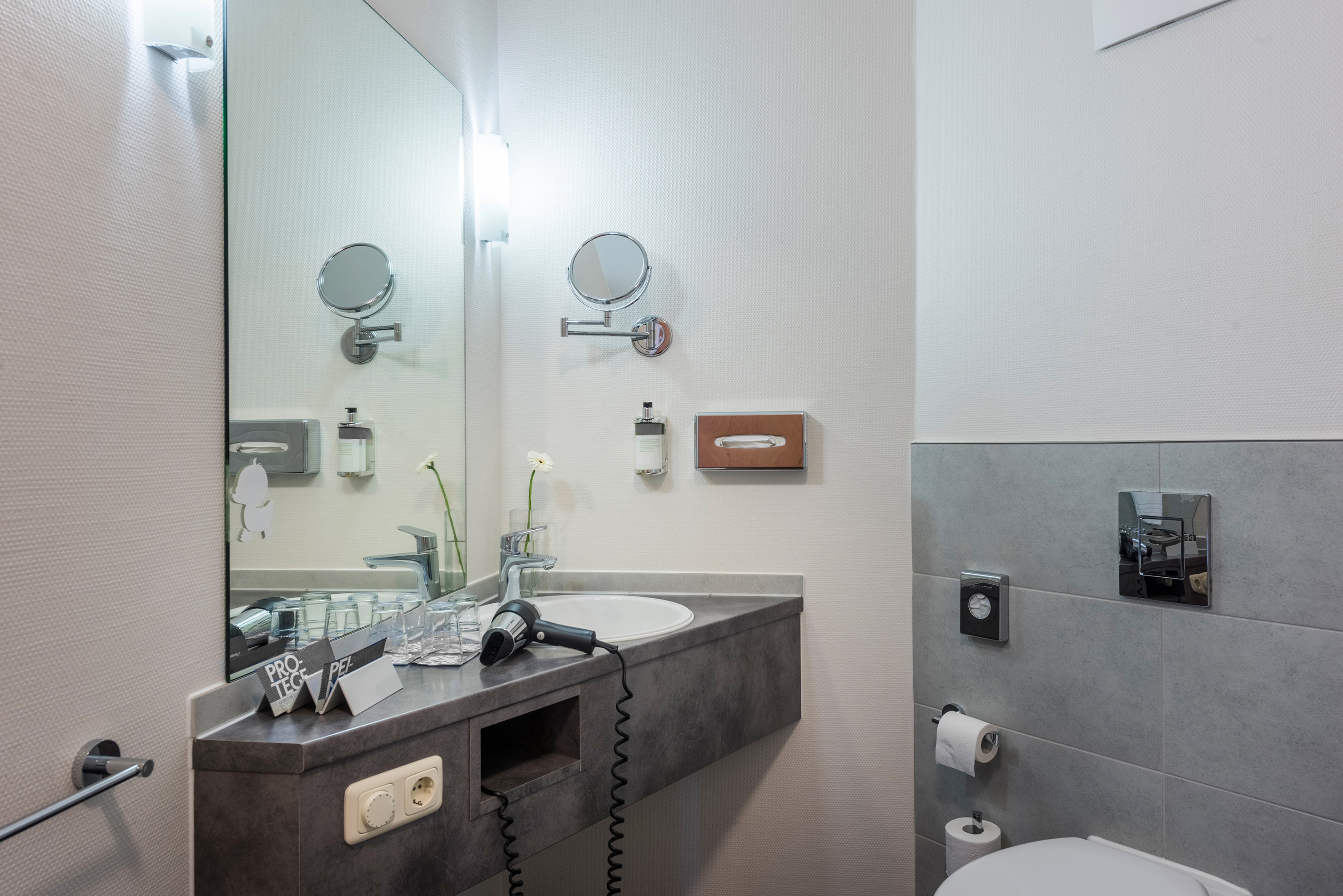 Modern hotel bathroom with vanity, sink, large mirror, hairdryer, and toilet.
