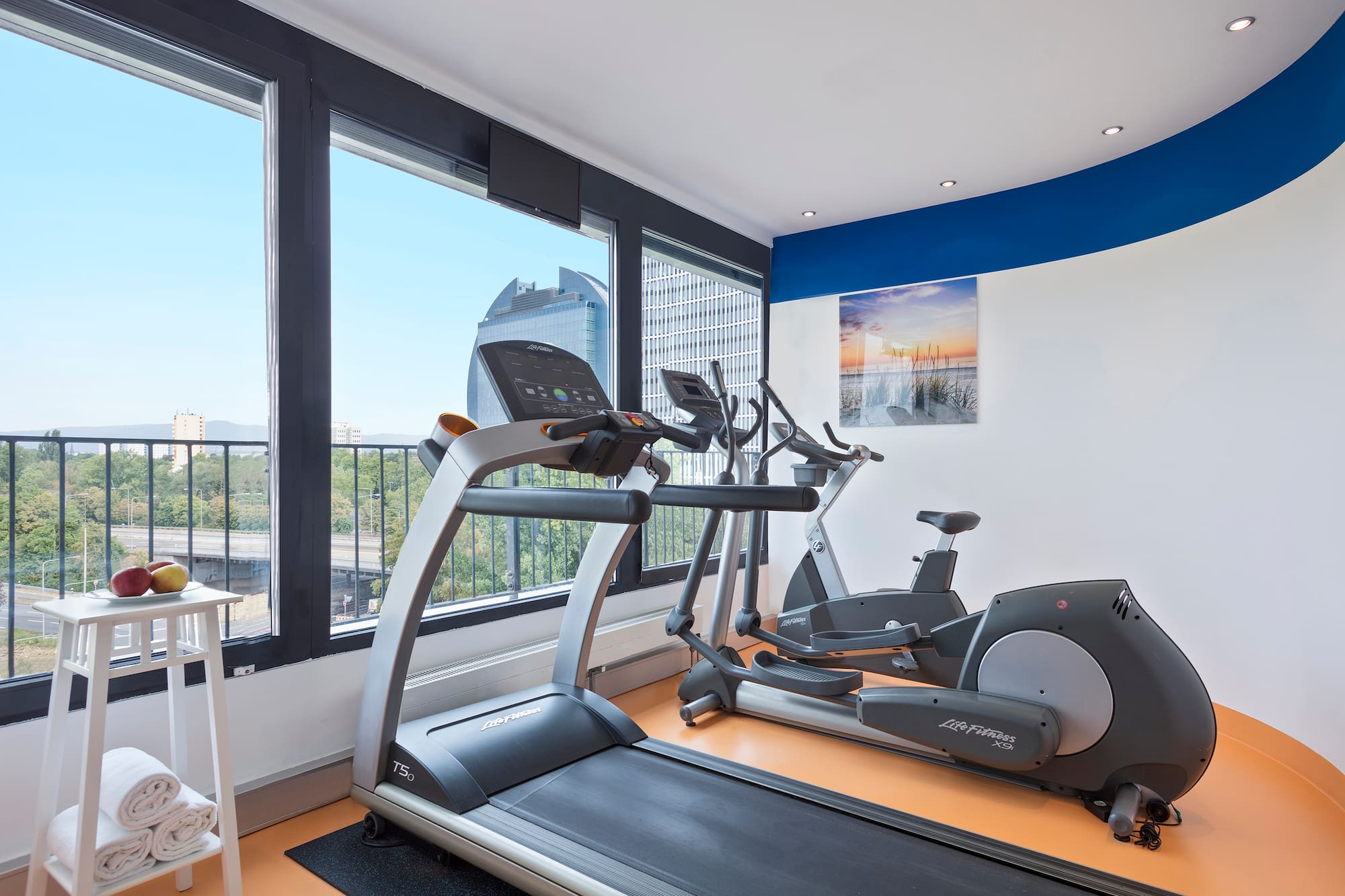 Modern fitness center with treadmill, elliptical, and expansive city views.