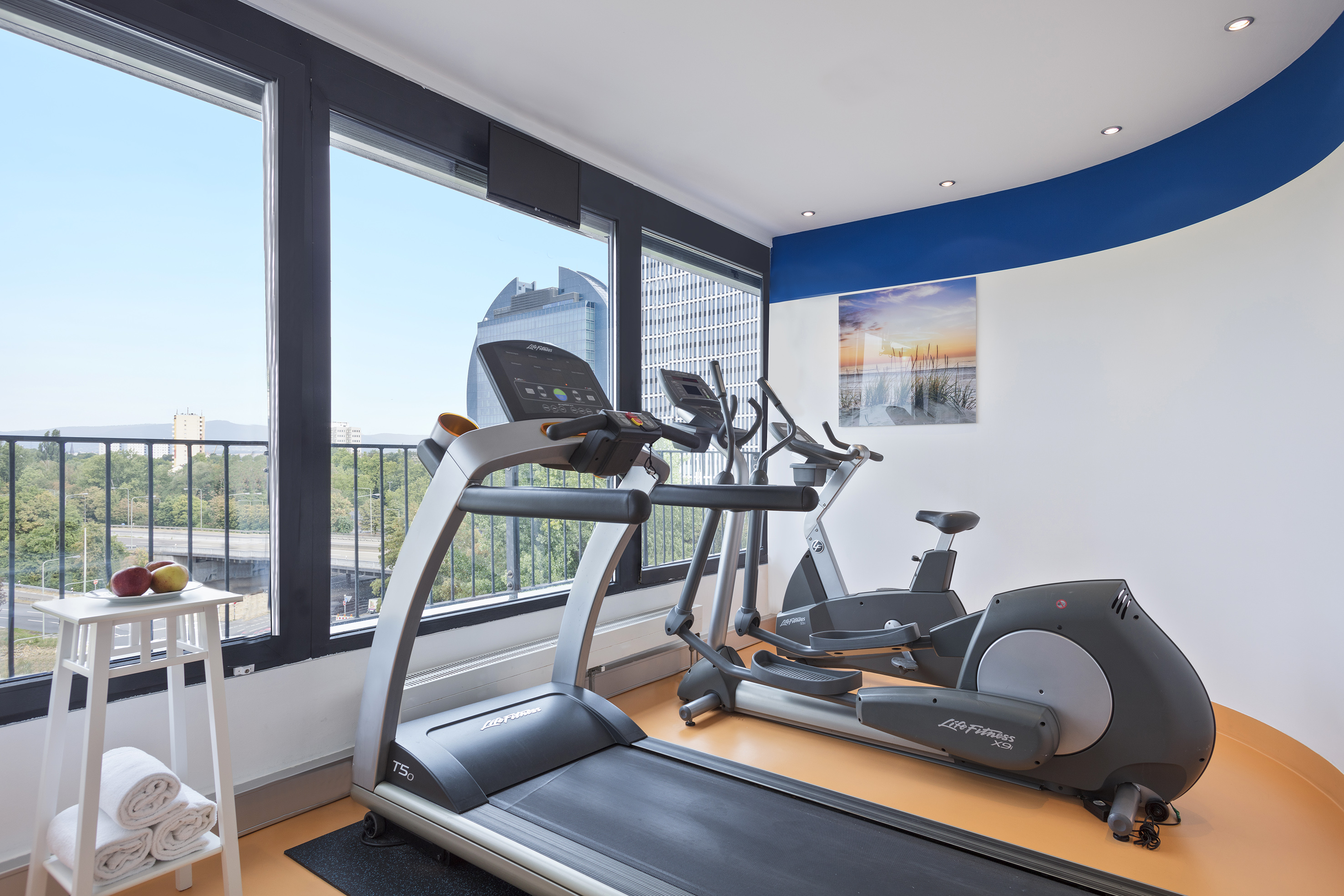 Modern fitness center with treadmill, elliptical, and expansive city views.