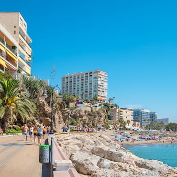 a group of people walking along a beach