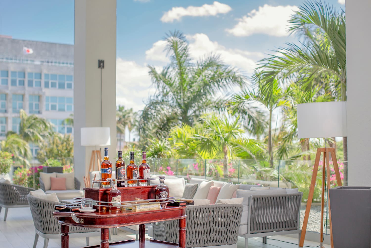 a table with bottles of alcohol on it
