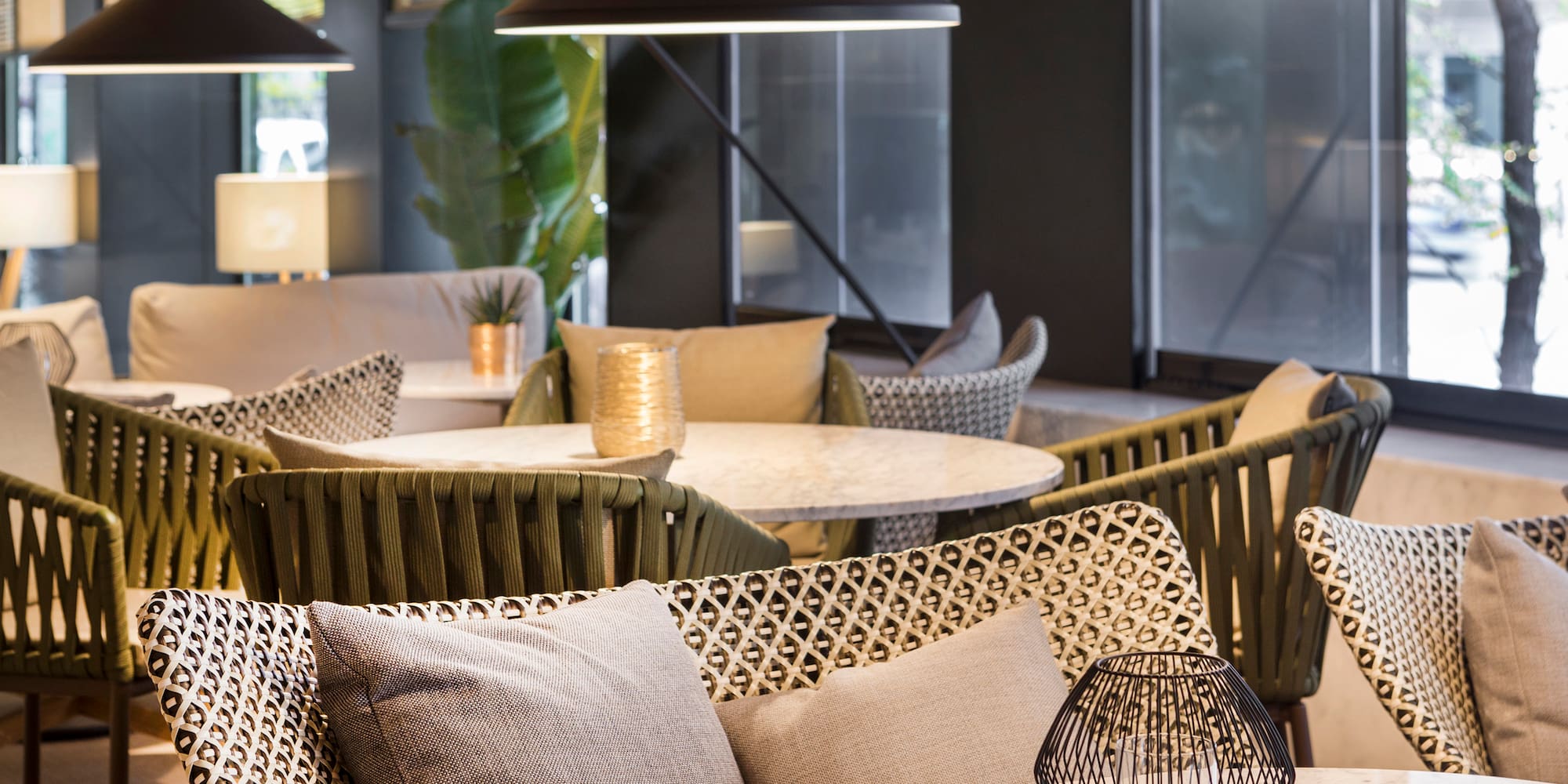 a room with tables and chairs