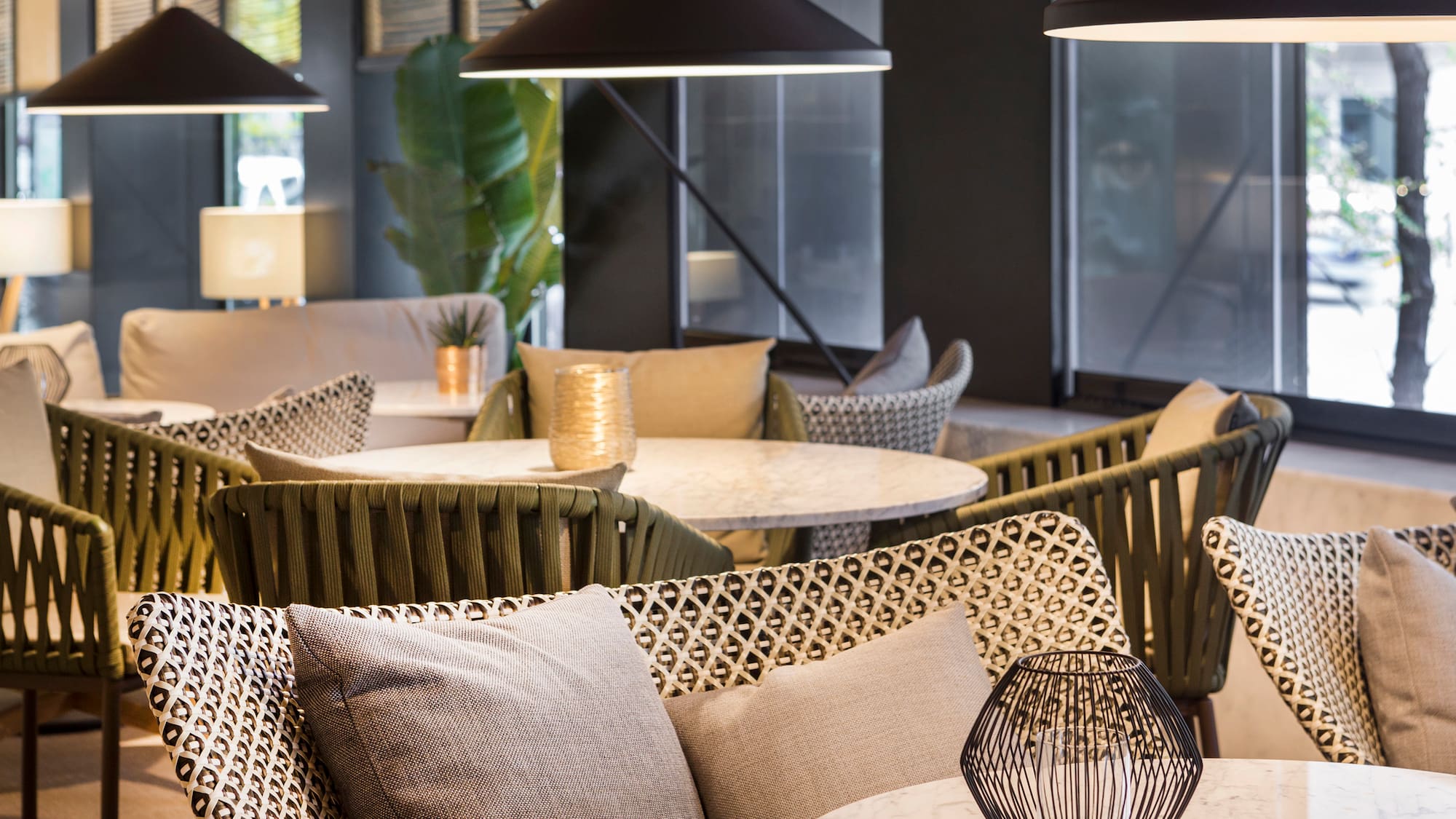 a room with tables and chairs