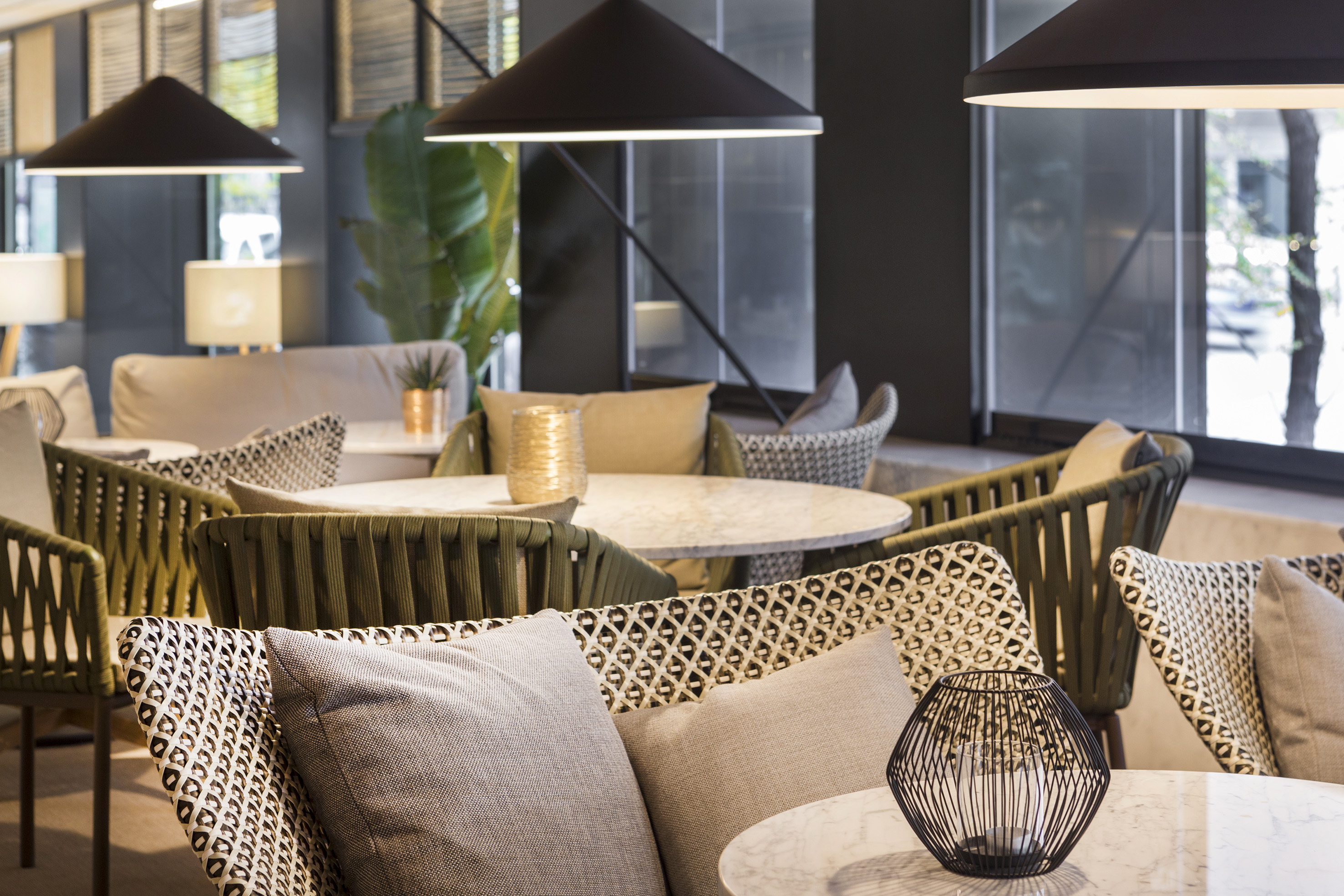 a room with tables and chairs