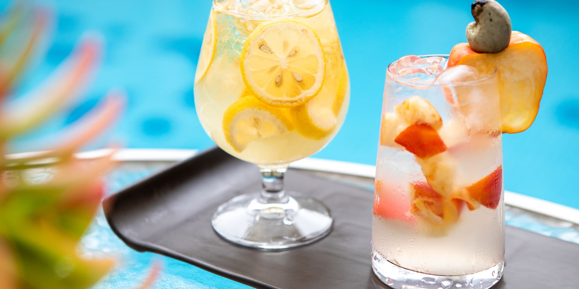 a couple of drinks on a tray