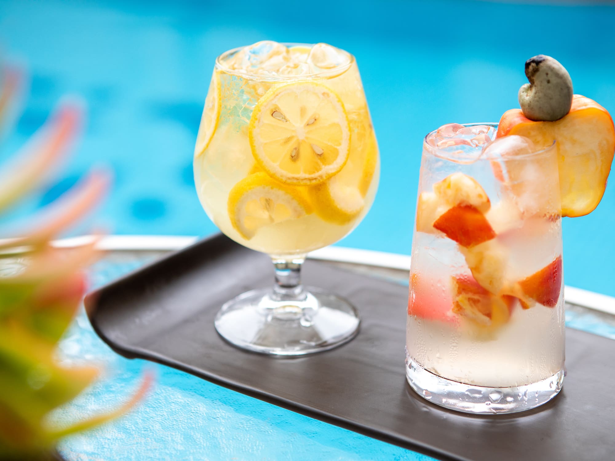 a couple of drinks on a tray