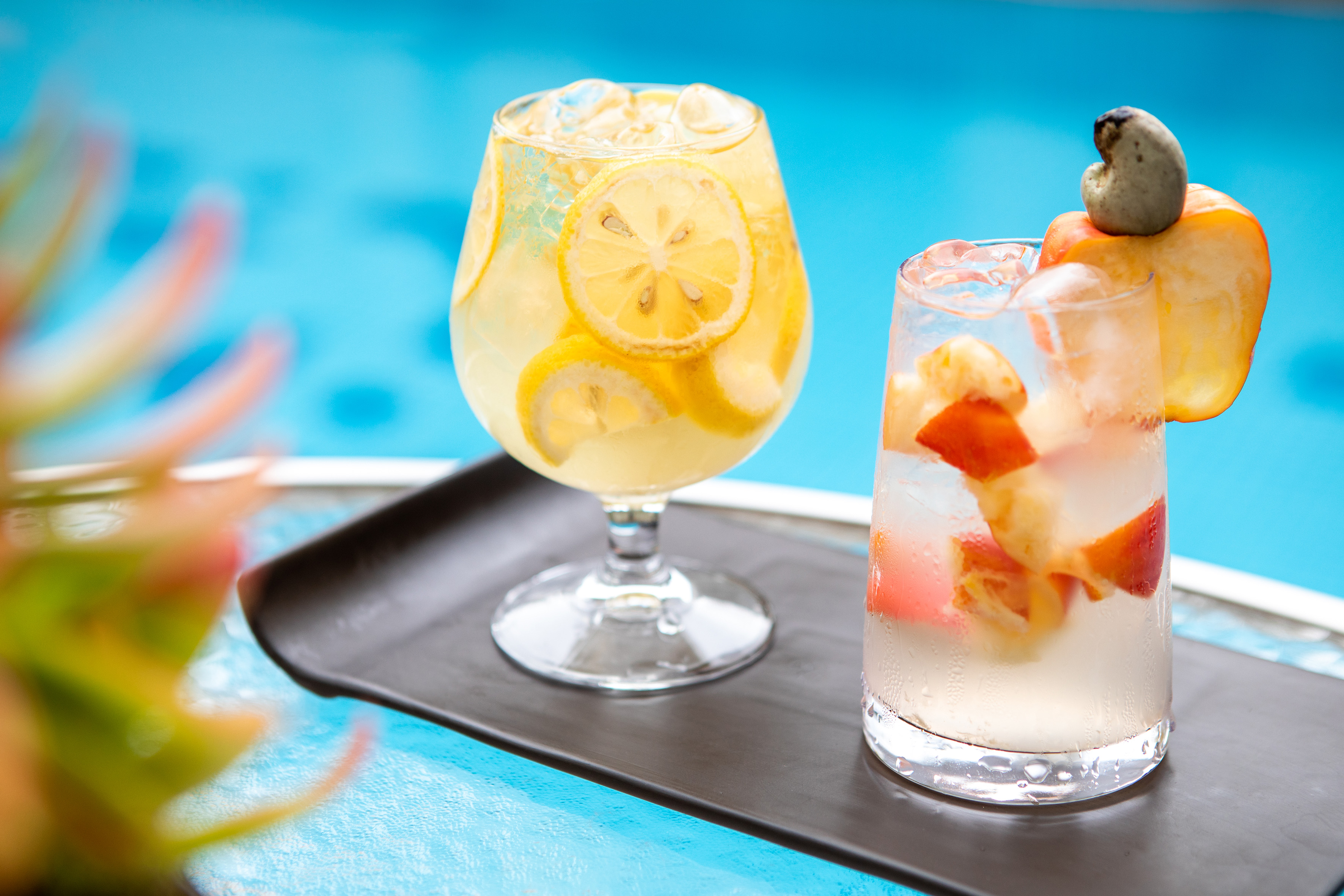 a couple of drinks on a tray