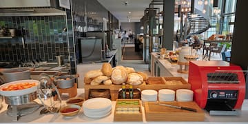 a buffet table with food on it