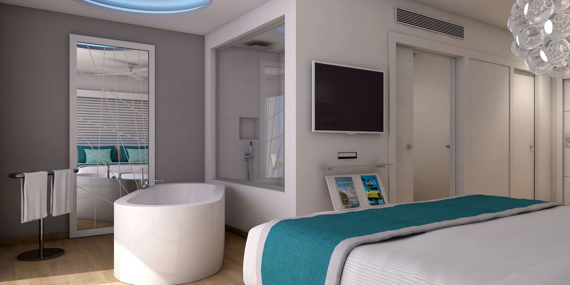 a bedroom with a tub and a tv