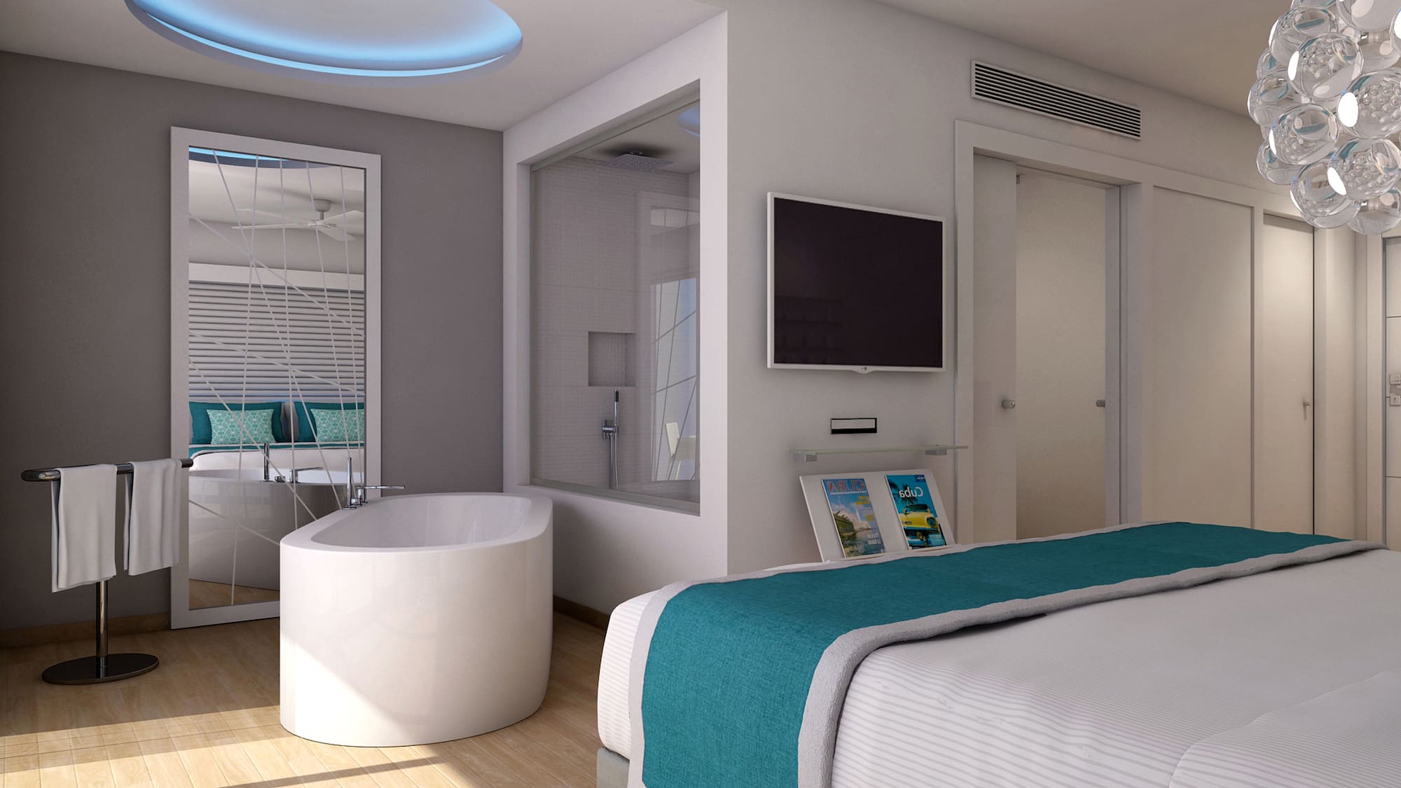 a bedroom with a tub and a tv