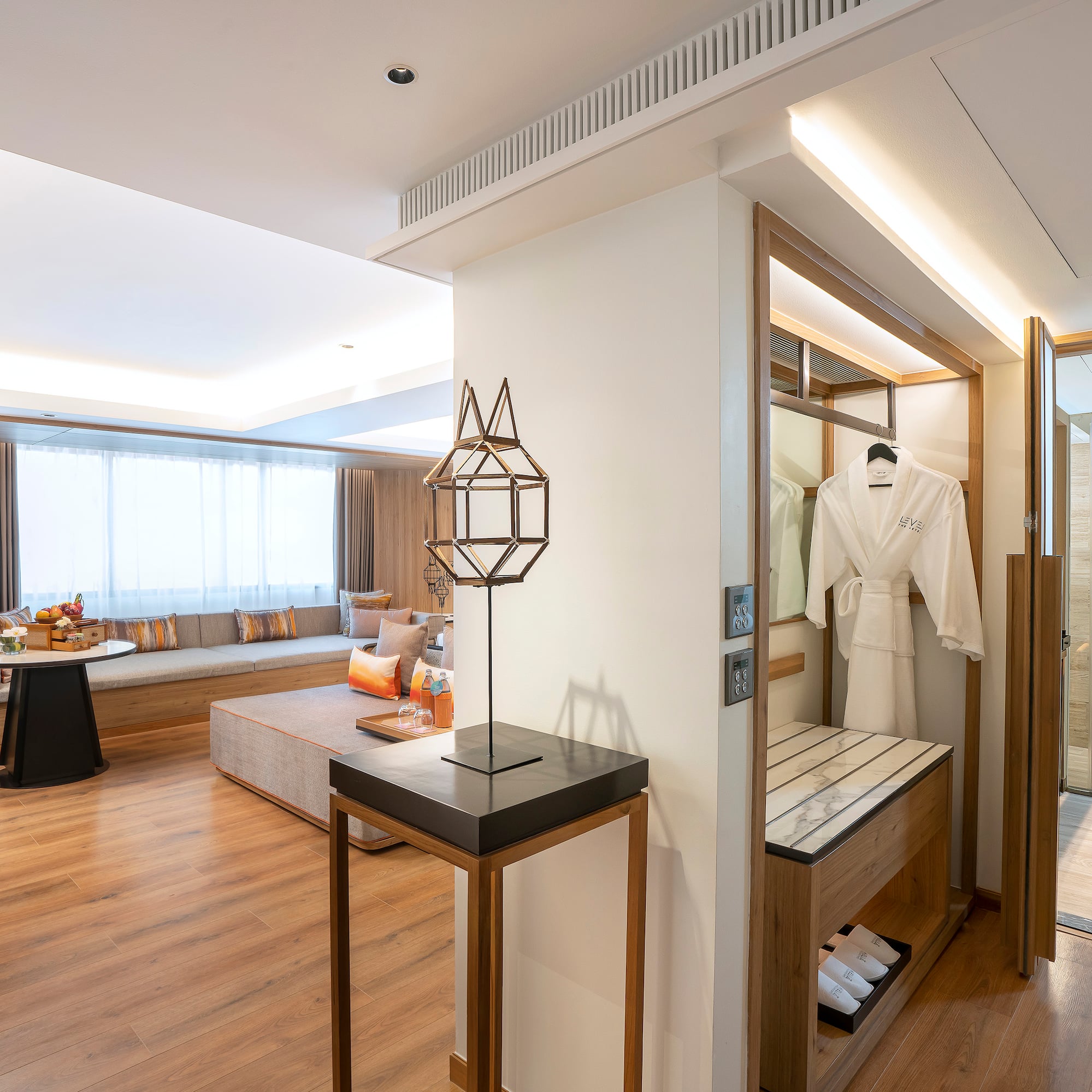 a room with a bed and a table