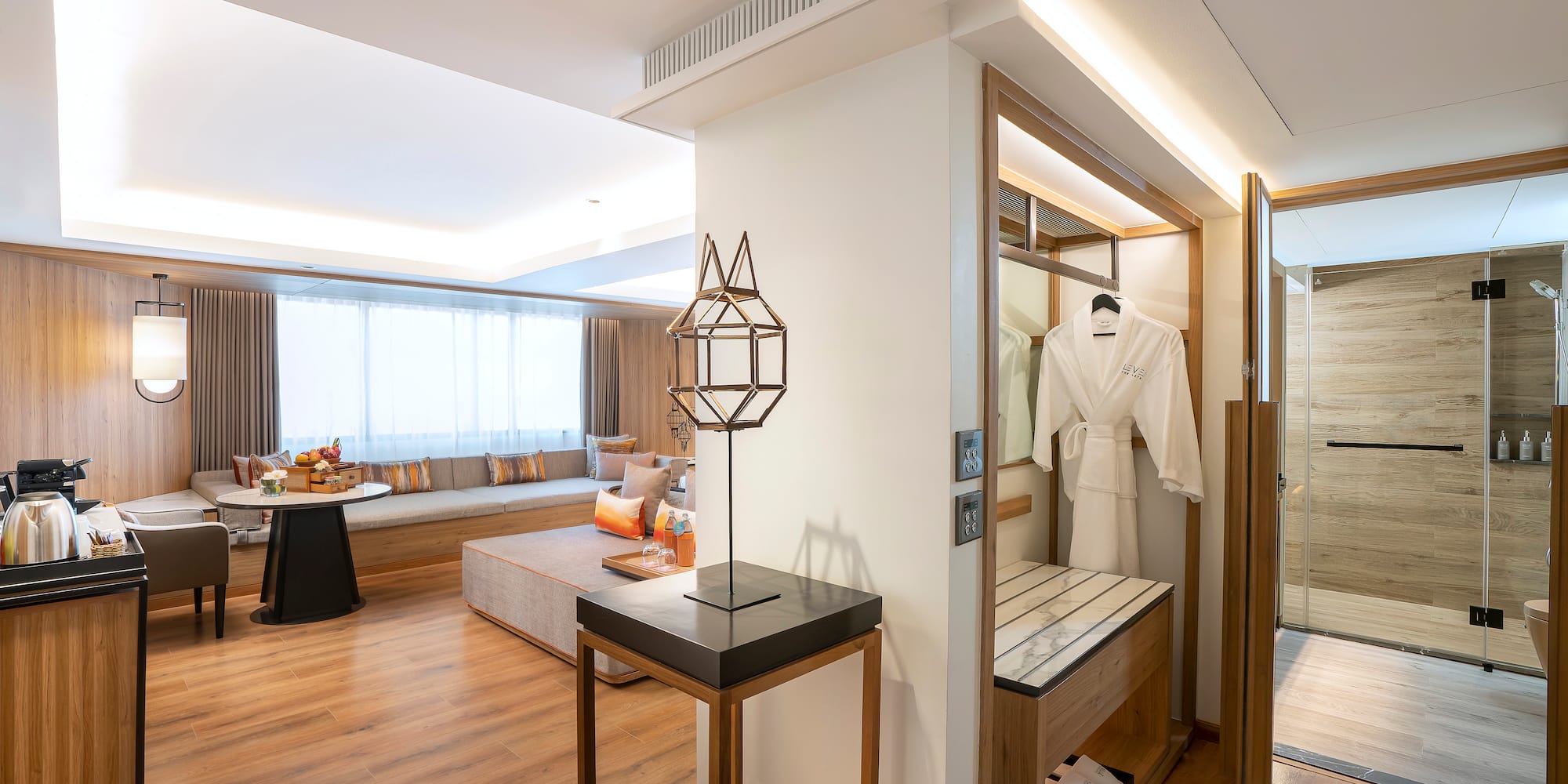 a room with a bed and a table