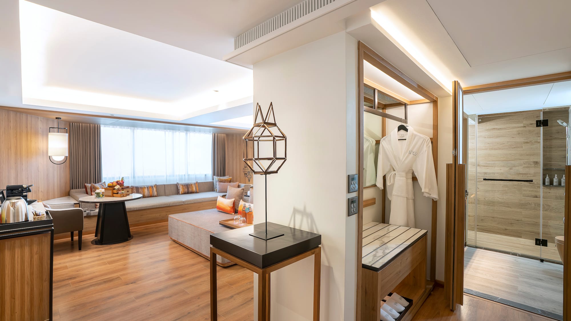 a room with a bed and a table