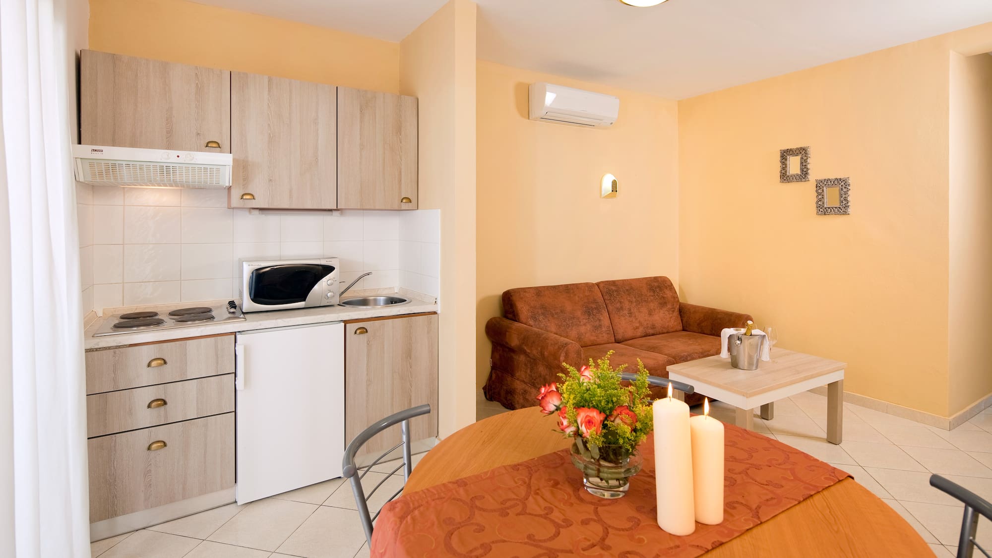 a living room with a couch and a table