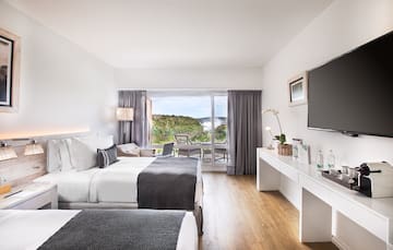 a room with two beds and a television