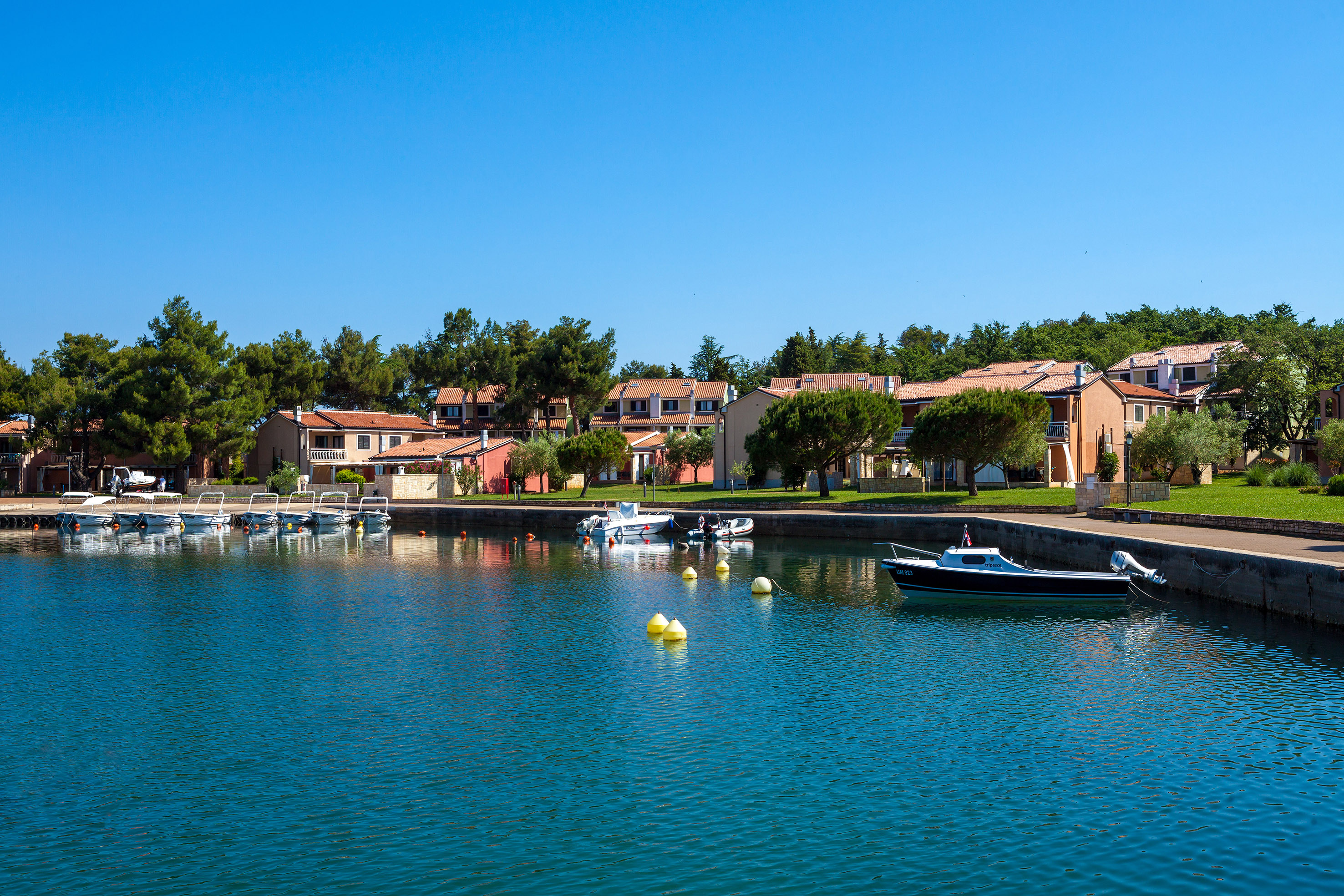 a body of water with boats and houses in the background